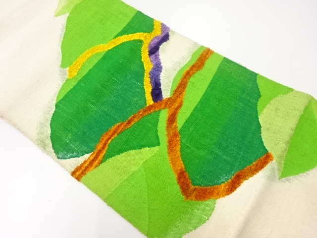 アンティーク　手織り真綿紬葉模様織出し名古屋帯